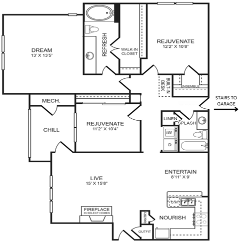 Floor plan for 3 beds, 2 baths, 1388 sqft